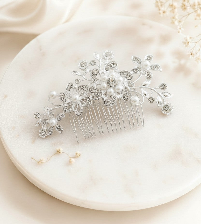 Rhinestone and Glass Pearl Floral Hair Comb • Bridal Wedding Hair Accessory for Bride & Bridesmaids