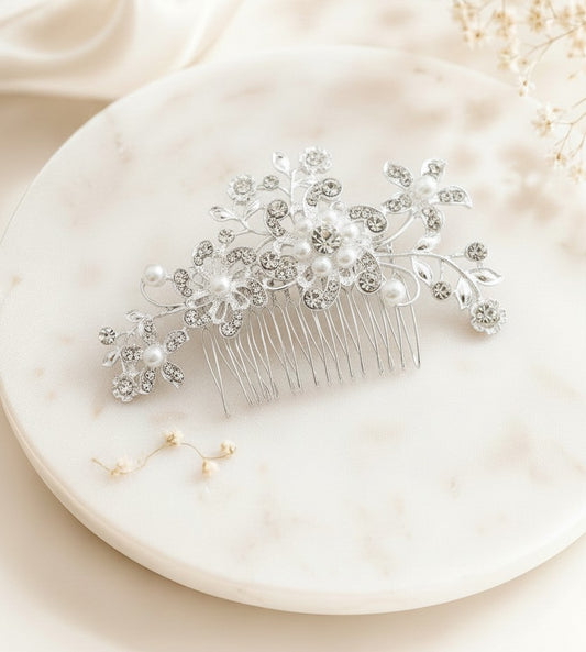 Rhinestone and Glass Pearl Floral Hair Comb • Bridal Wedding Hair Accessory for Bride & Bridesmaids