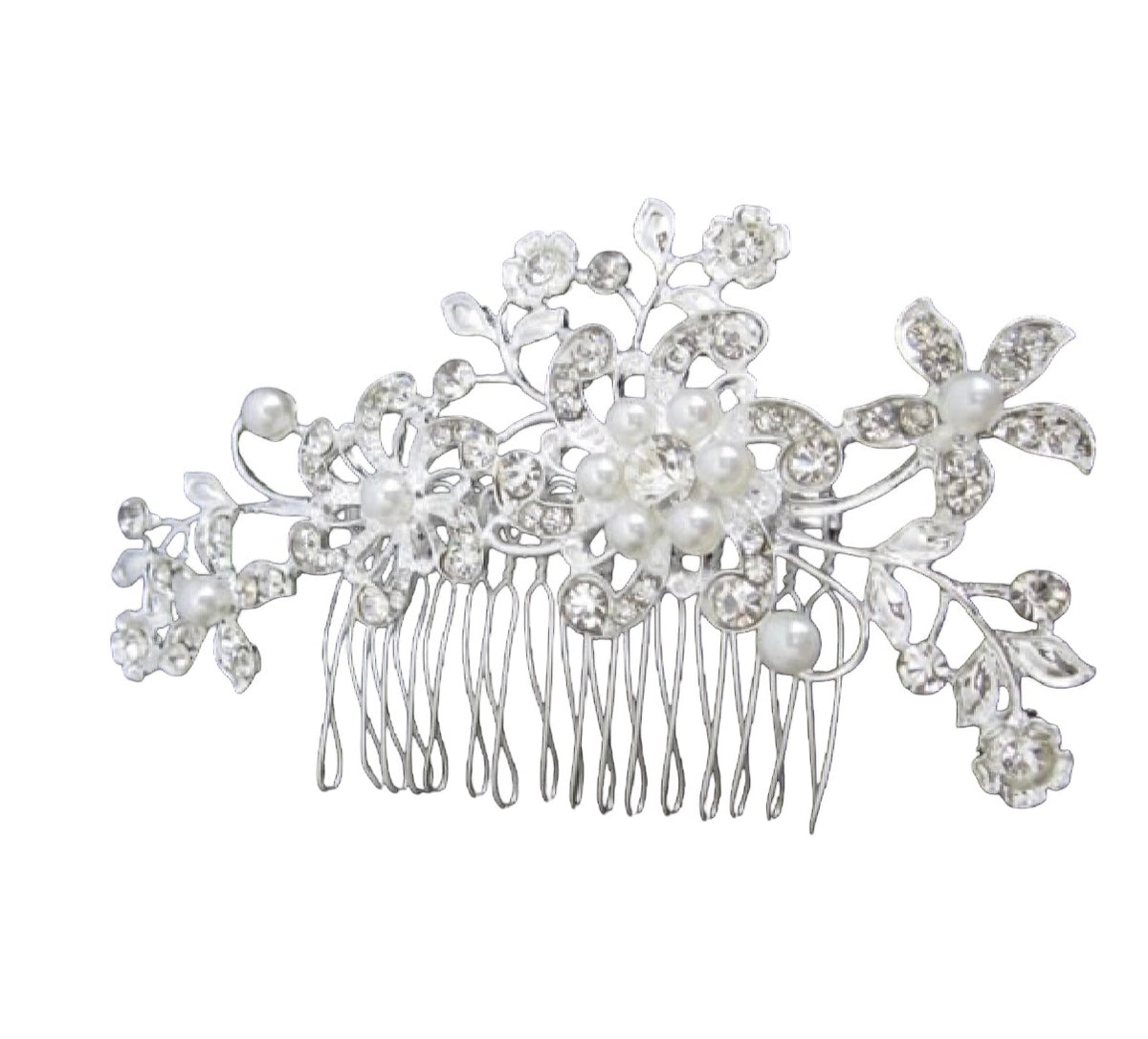 Silver floral hair comb with clear rhinestones and white faux pearls, shown on a plain white background.