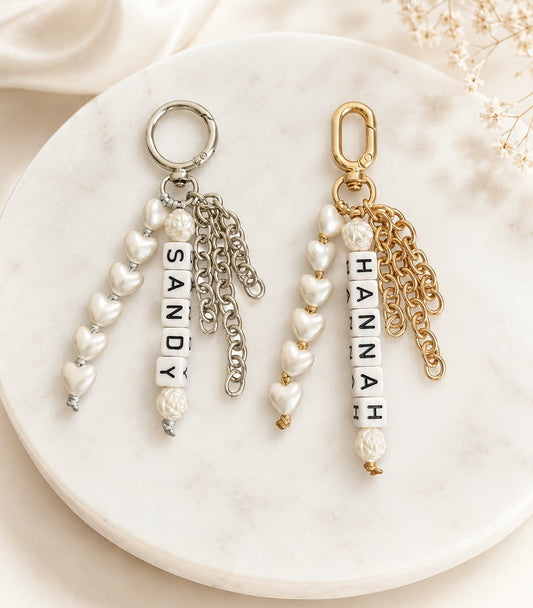 Personalized Bag Charm with Acrylic Heart, Name & Chain Tassels • Silver or Champagne Gold