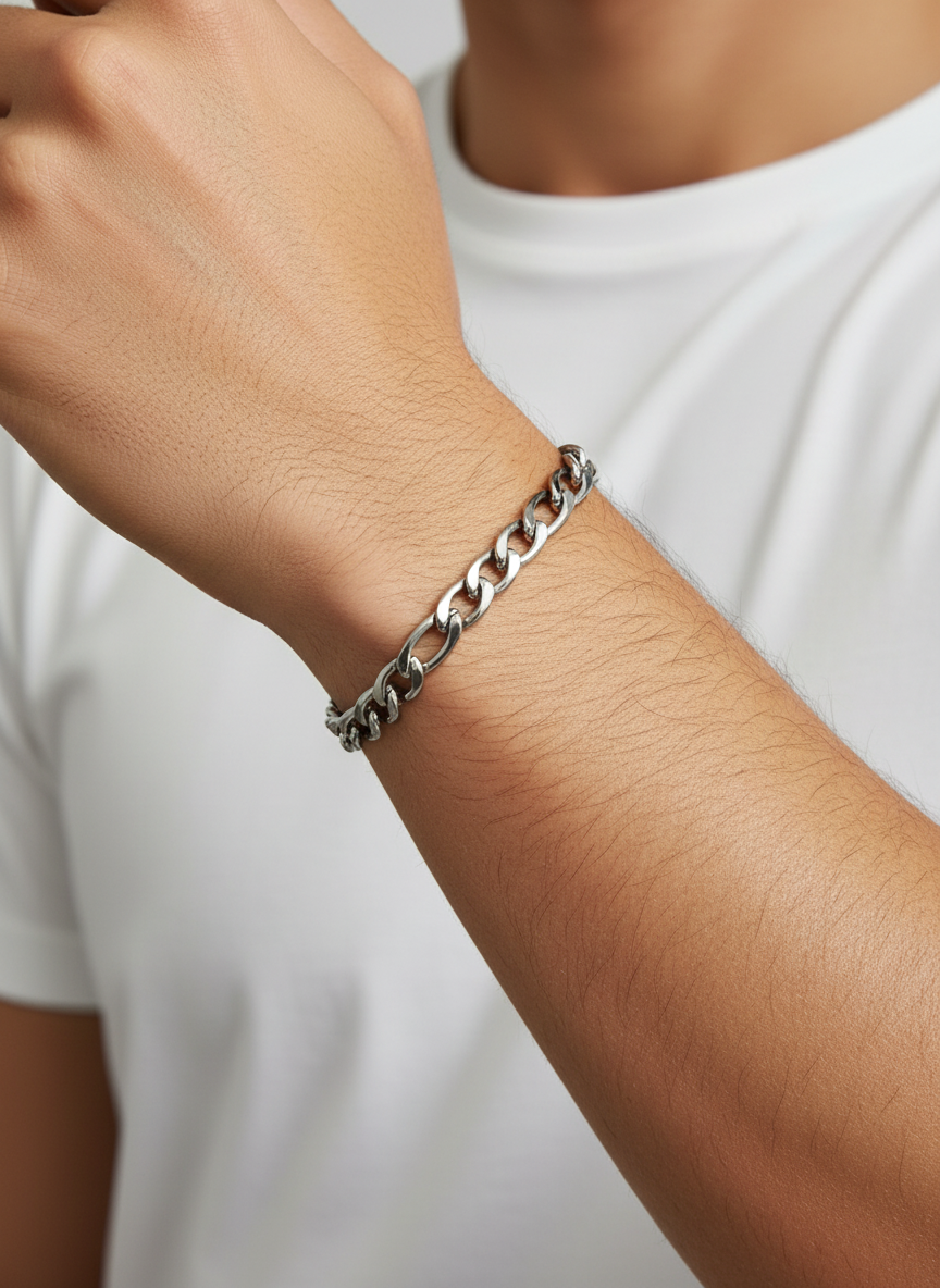 Men’s Stainless Steel Flat Chain Bracelet • Silver Minimalist Link Bracelet for Men • Durable Everyday Jewelry – Masculine Gift for Him