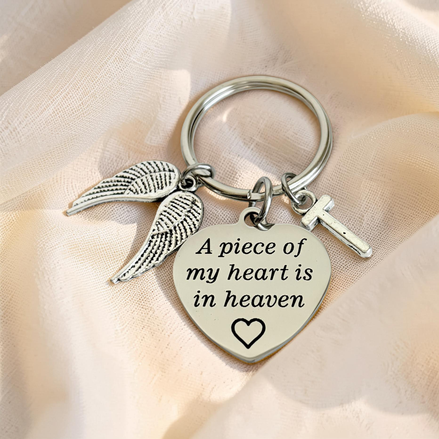 Personalized Memorial Keychain • A Piece of My Heart is in Heaven Key Chain with Initial Charm. Sympathy Gift