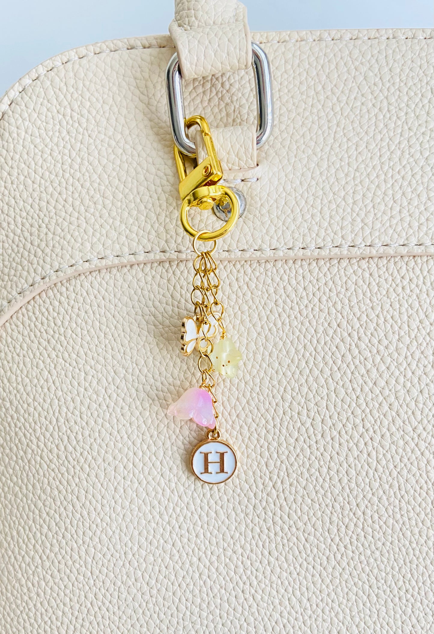 Gold Purse Charm with Butterfly, Star & Flower Charms – Personalized Initial Bag Charm with Enamel Letter