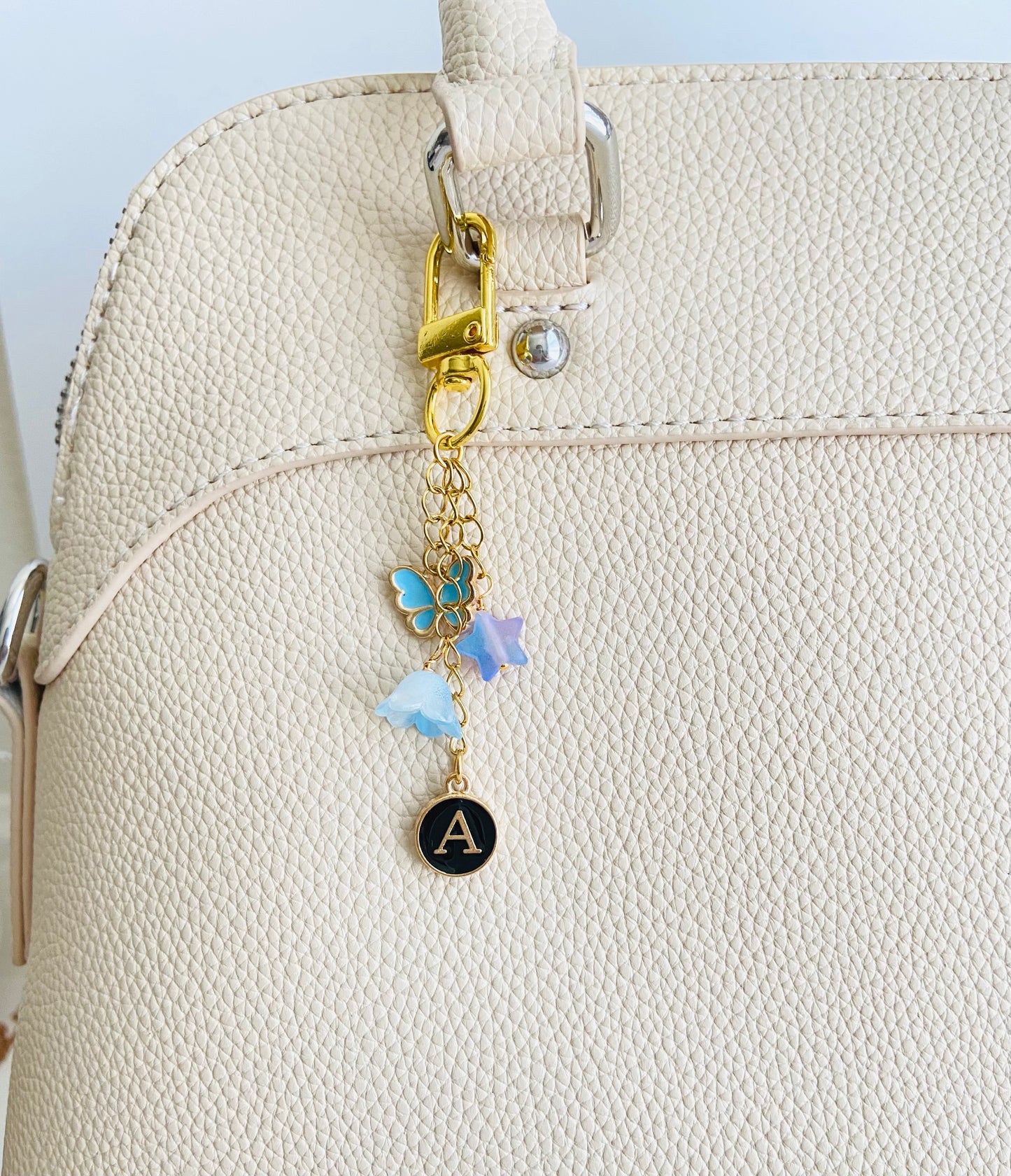 Gold Purse Charm with Butterfly, Star & Flower Charms – Personalized Initial Bag Charm with Enamel Letter