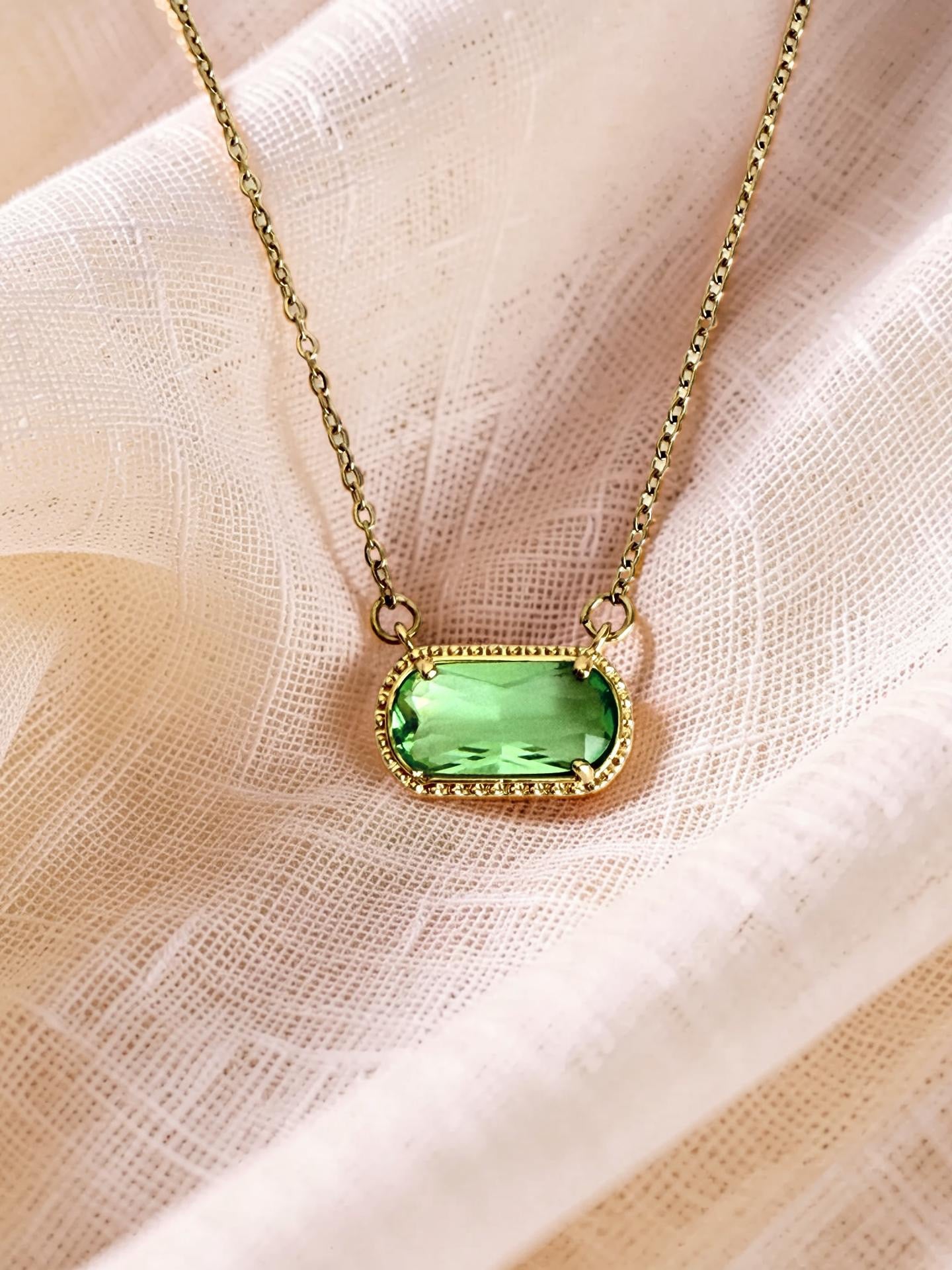 Gold over Stainless Steel Necklace with Glass Gemstone Pendant