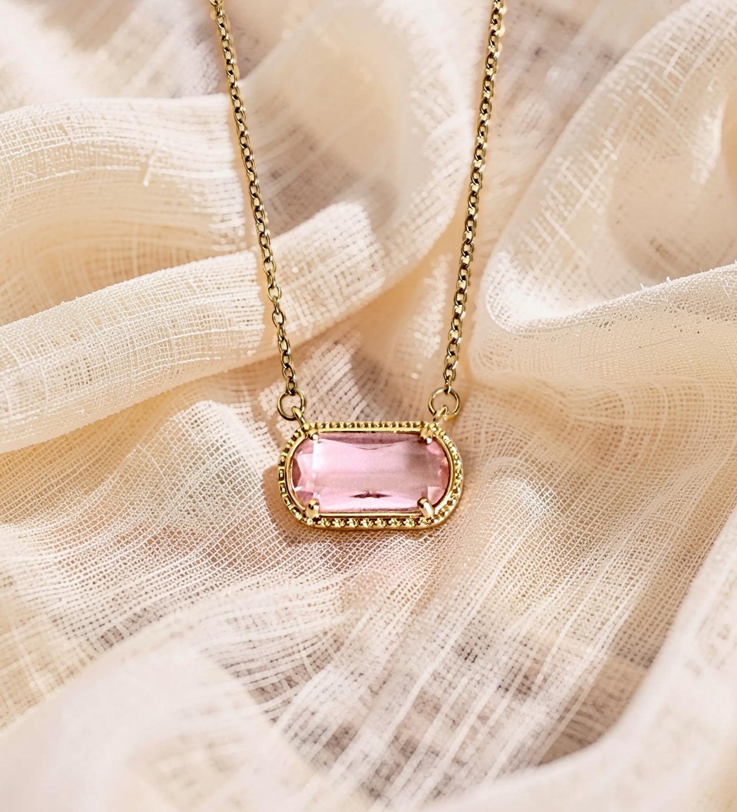 Gold over Stainless Steel Necklace with Glass Gemstone Pendant
