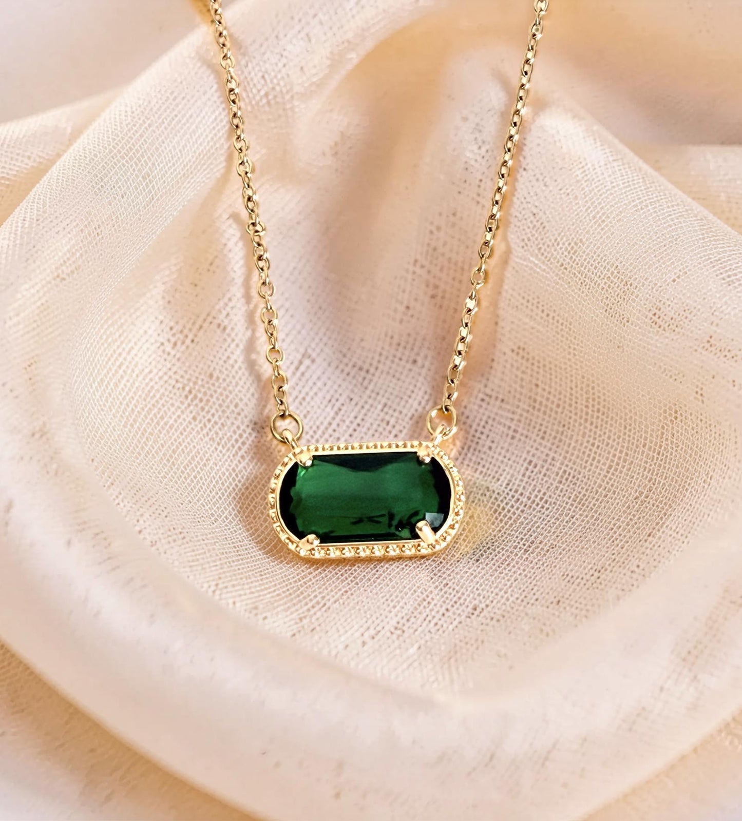 Gold over Stainless Steel Necklace with Glass Gemstone Pendant