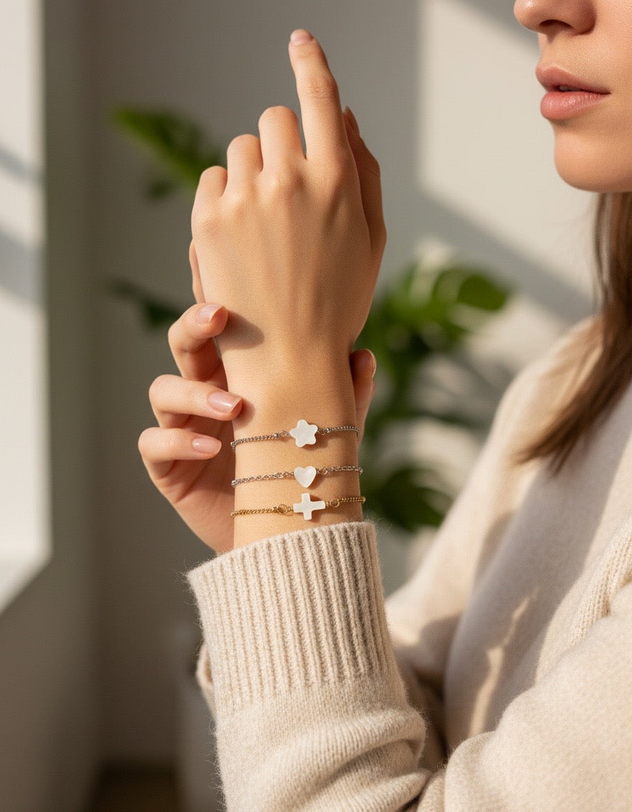 Minimalist Shell Bead Bracelet • Flower • Cross • Heart Bead Bracelet in Stainless Steel or Gold