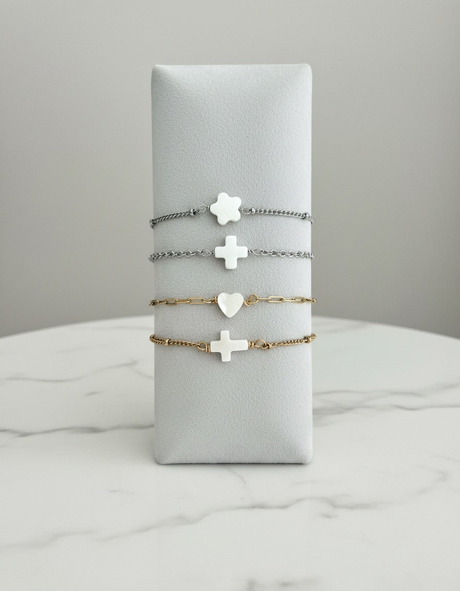 Minimalist Shell Bead Bracelet • Flower • Cross • Heart Bead Bracelet in Stainless Steel or Gold