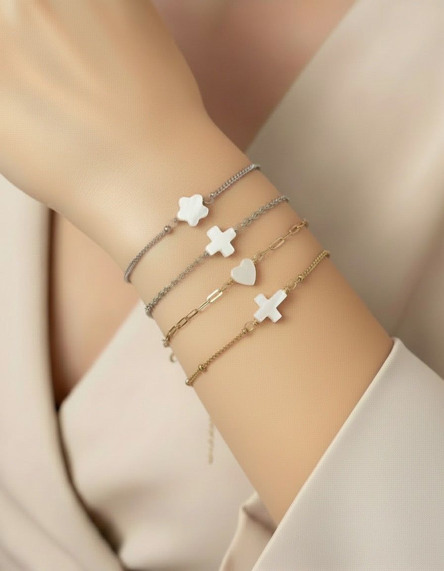 Minimalist Shell Bead Bracelet • Flower • Cross • Heart Bead Bracelet in Stainless Steel or Gold