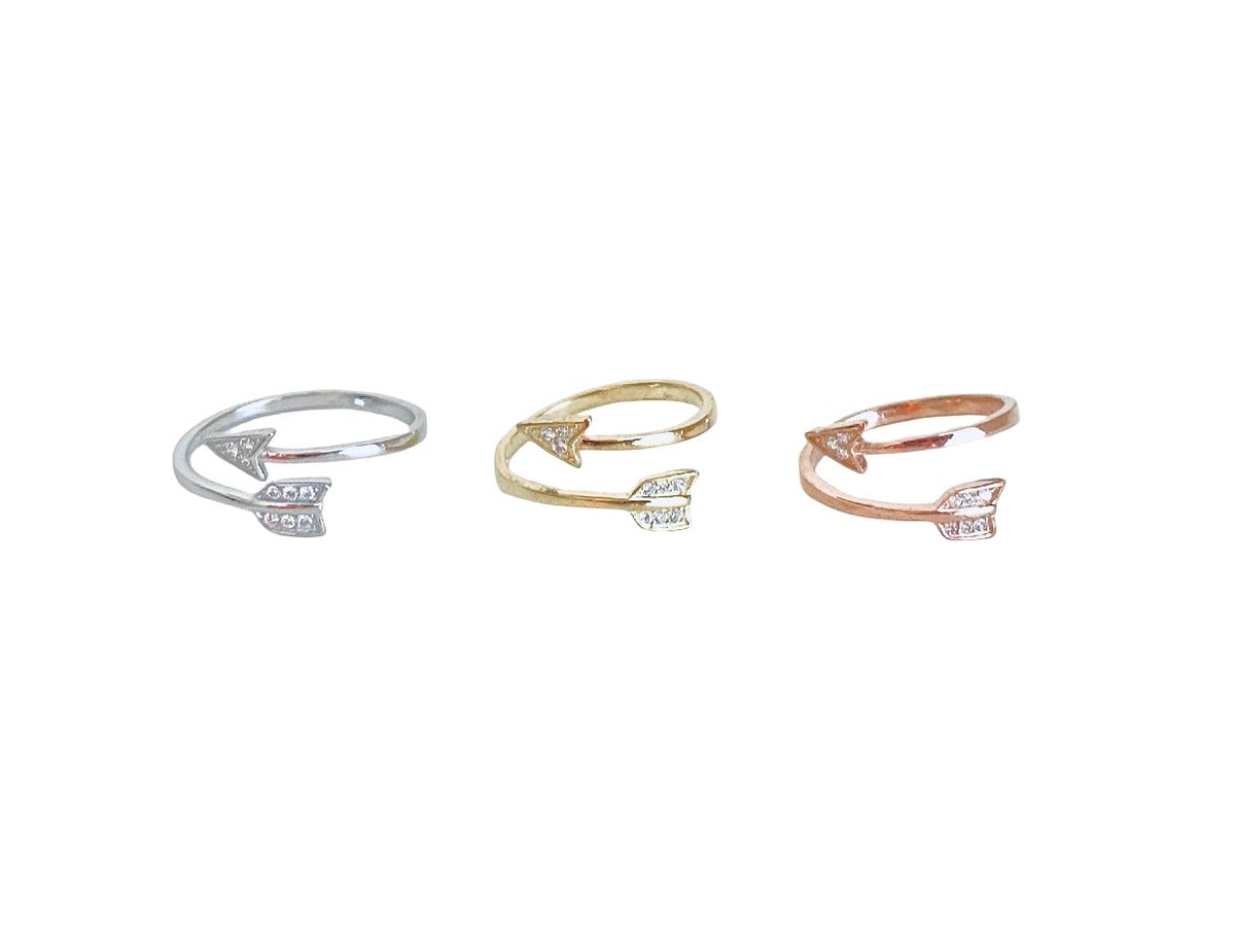 Adjustable Arrow Ring with Rhinestones • Sterling Silver • Gold • Rose Gold