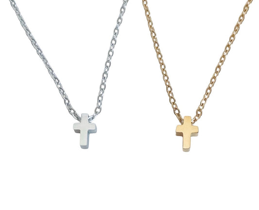 Tiny Cross Charm Necklace • Stainless Steel & Gold over Stainless Steel