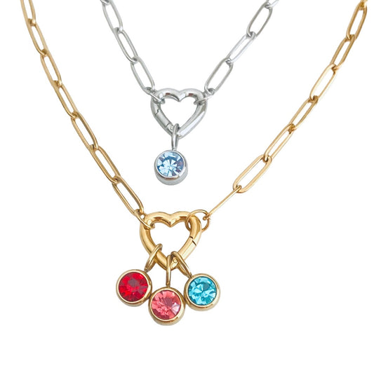 Personalized Birthstone Necklace with Heart Charm Holder • Stainless Steel & Gold over Stainless Steel