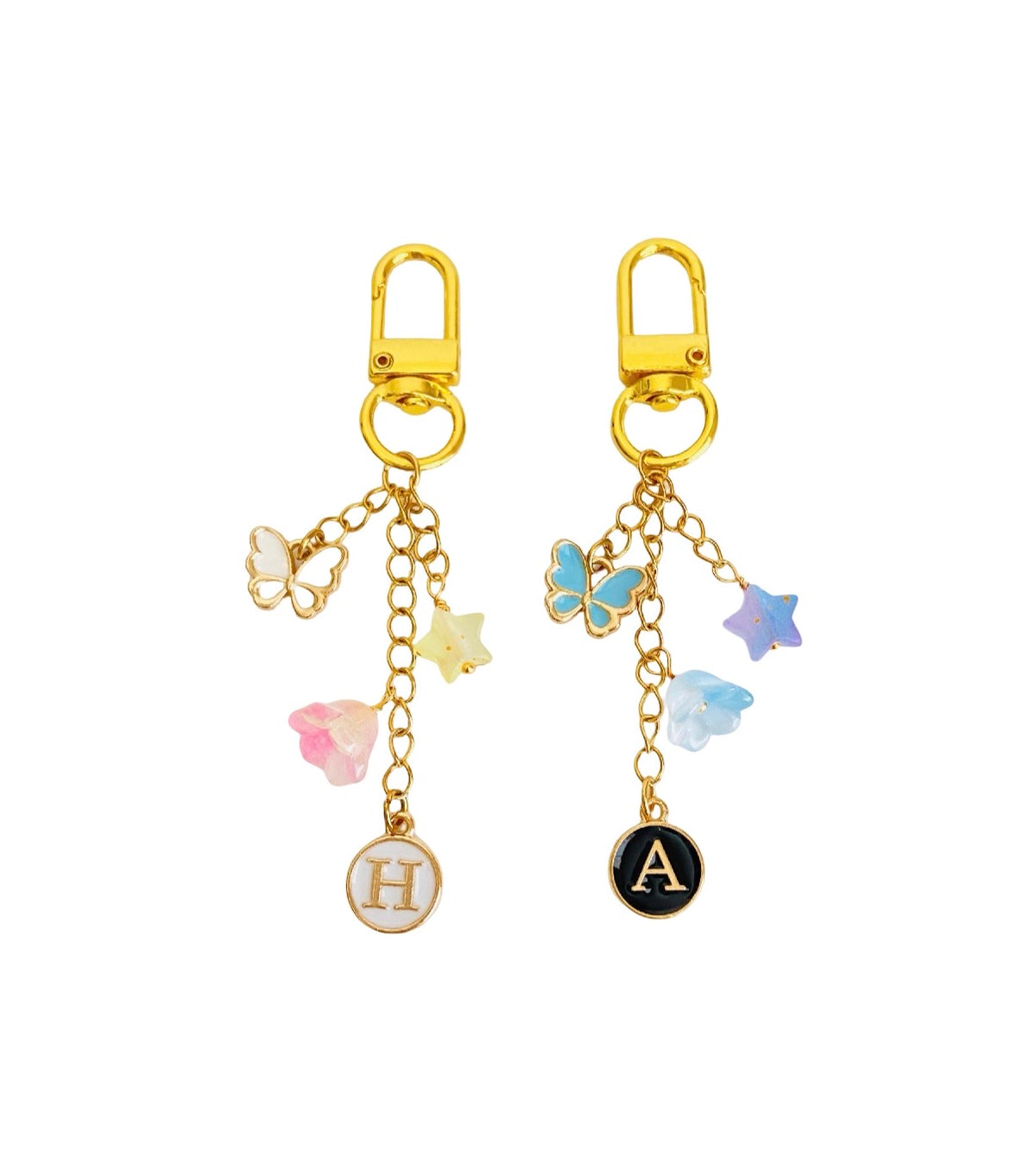 Personalized Gold Bag Charm with Butterfly, Star & Flower Charm