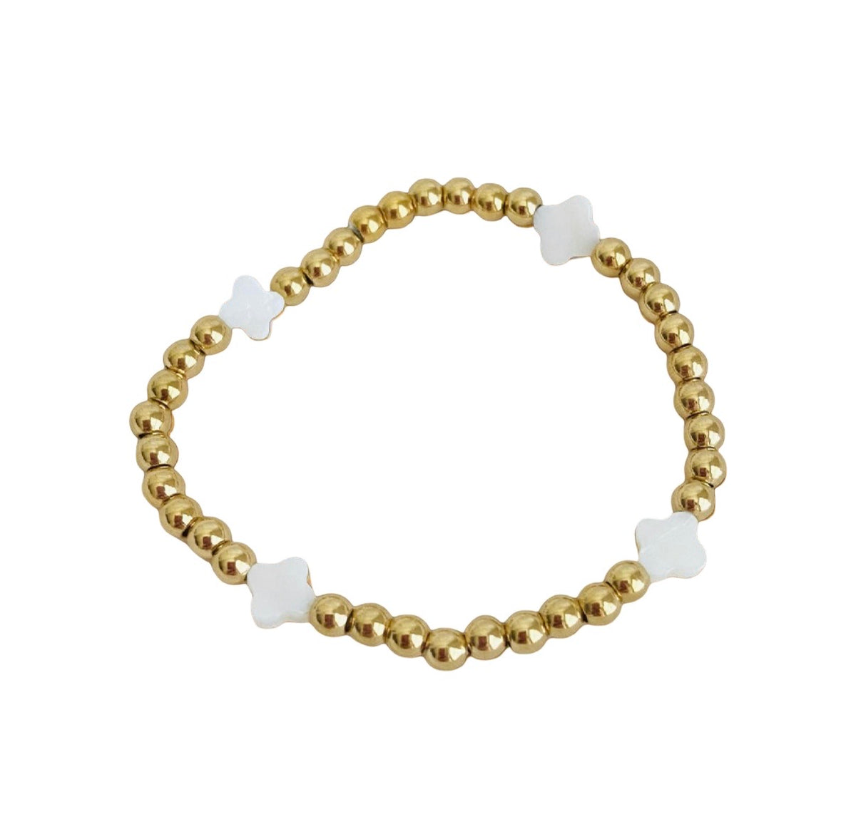 Stretch Beaded Bracelet with Shell Clover Beads • Stainless Steel & Gold over Stainless Steel
