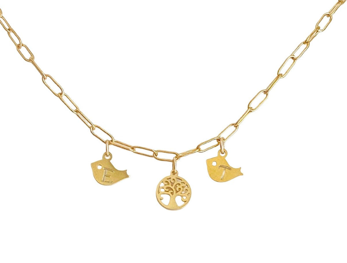 Personalized Stainless Steel Family Tree Necklace with Baby Bird Charms