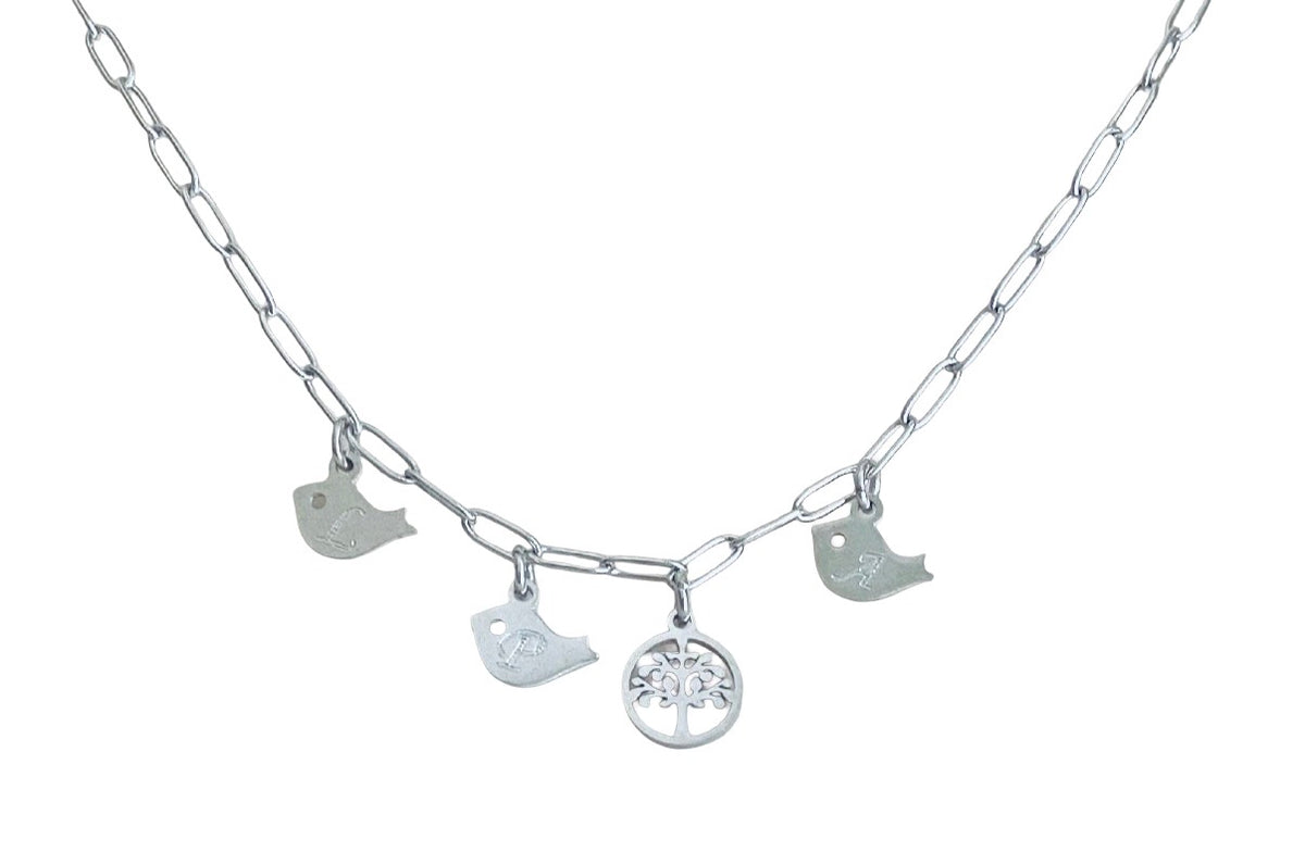 Personalized Stainless Steel Family Tree Necklace with Baby Bird Charms