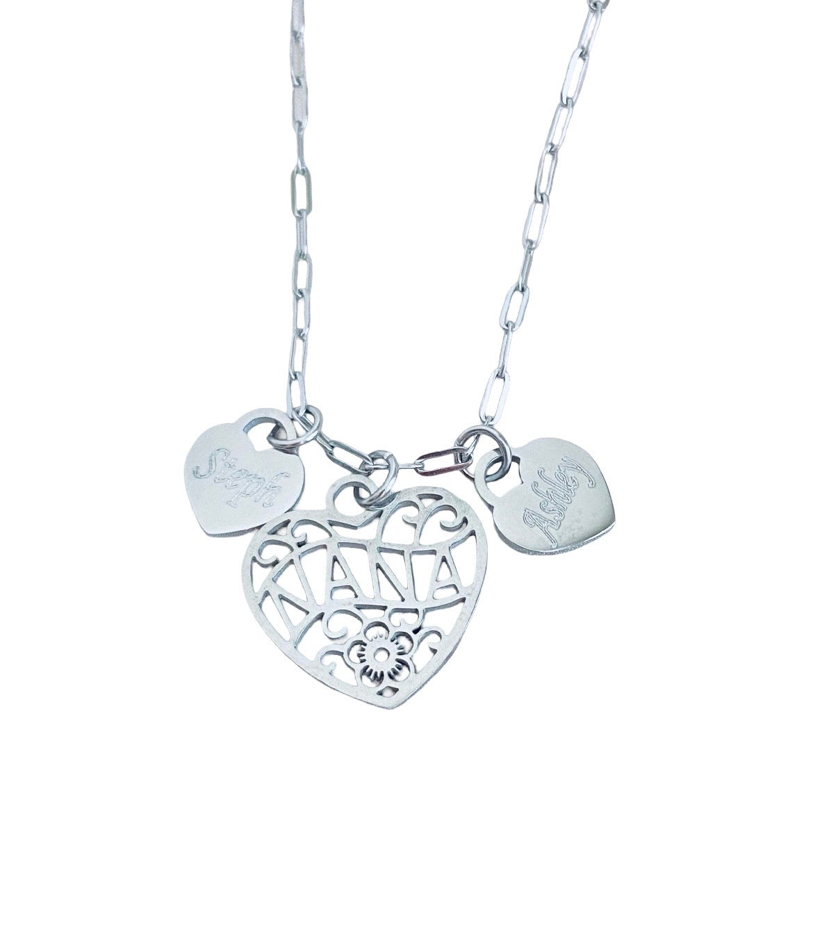 Personalized Nana Necklace with Heart Charms • Stainless Steel & Gold over Stainless Steel