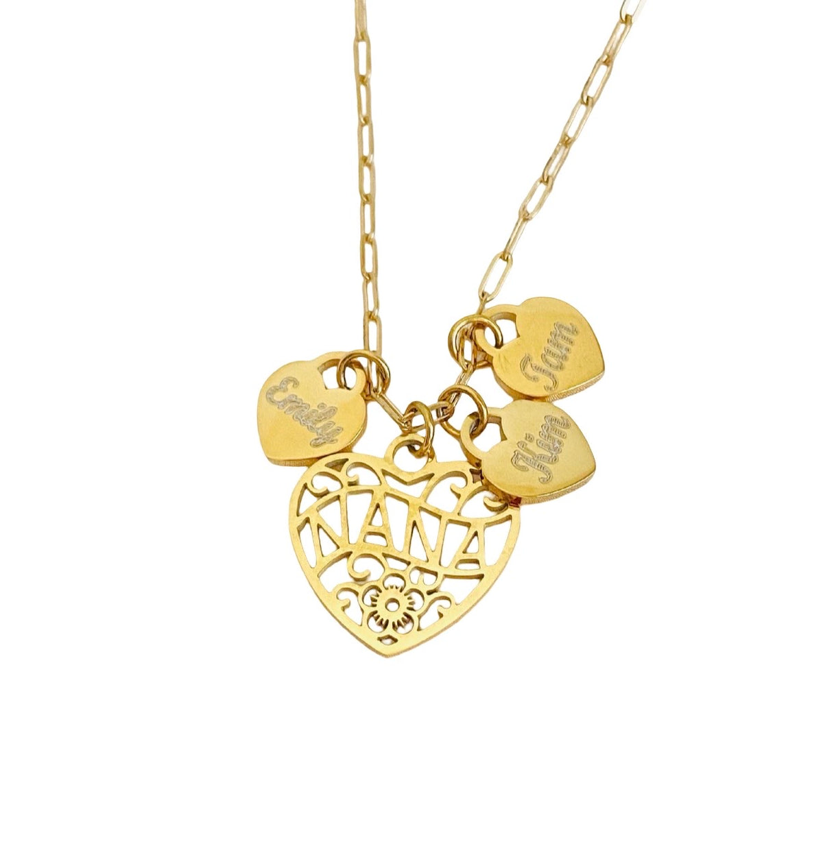 Personalized Nana Necklace with Heart Charms • Stainless Steel & Gold over Stainless Steel
