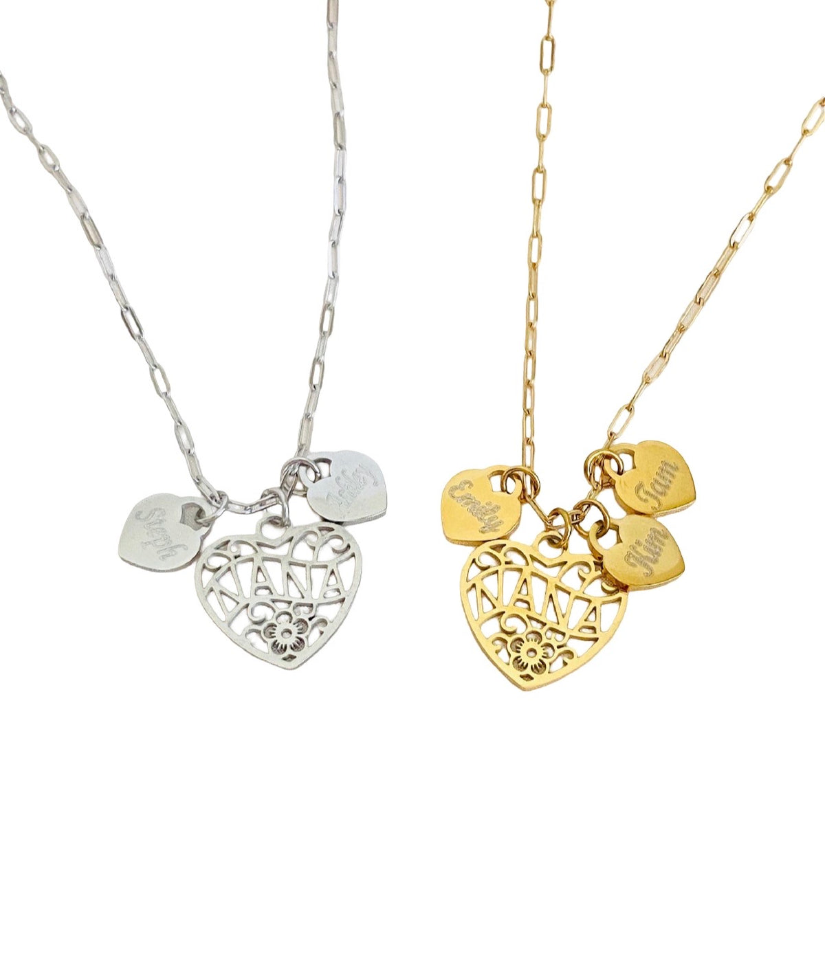 Personalized Nana Necklace with Heart Charms • Stainless Steel & Gold over Stainless Steel