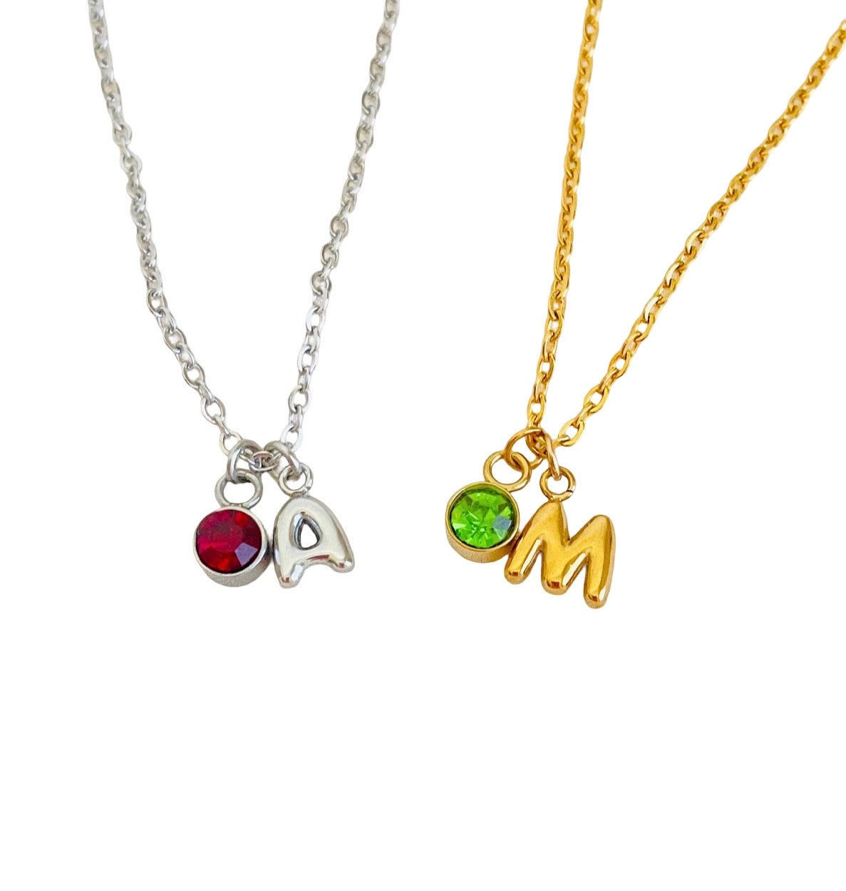 Personalized Birthstone & Small Bubble Initial Necklace • Stainless Steel & Gold over Stainless Steel