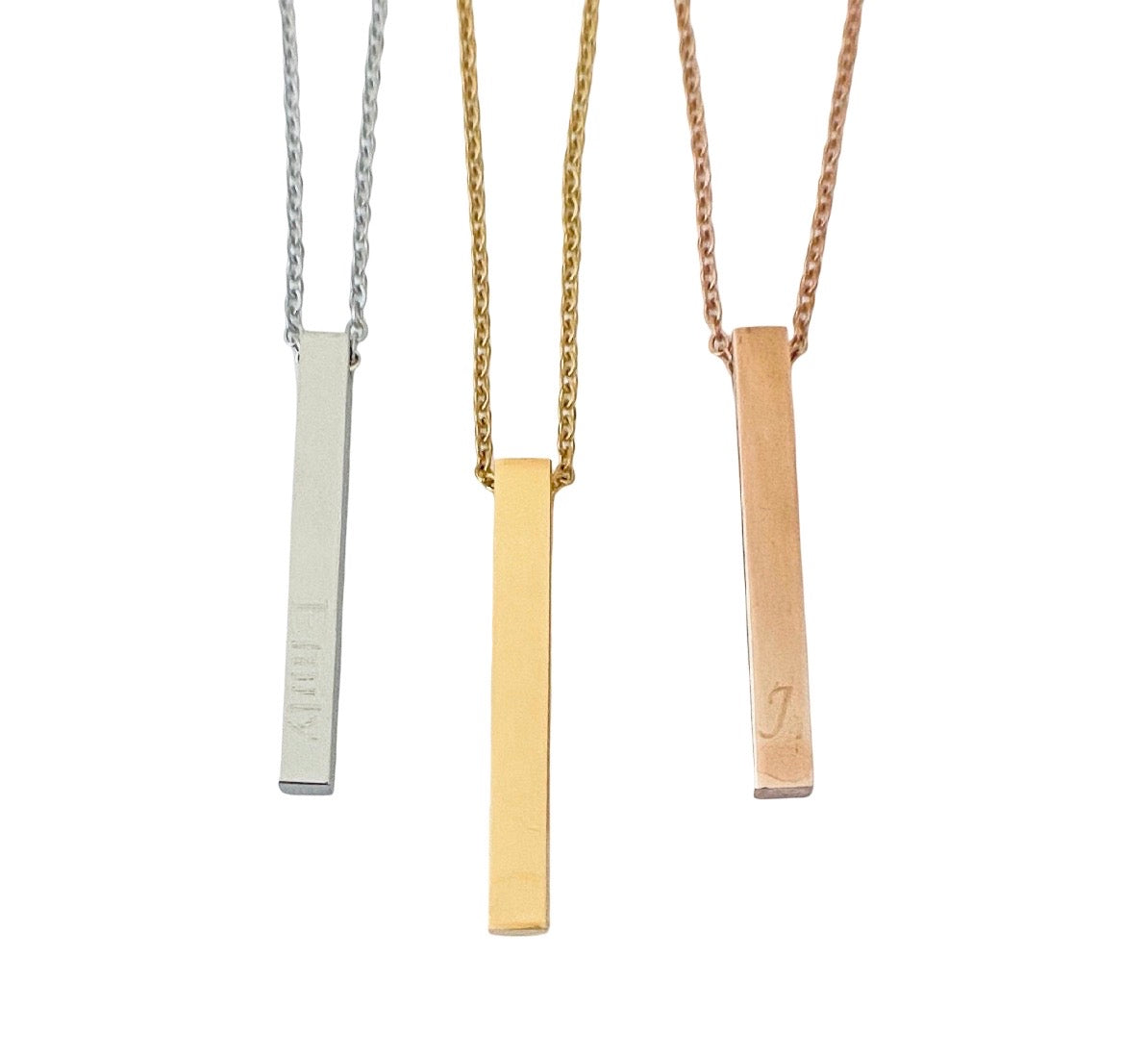 Personalized 4-sided Long Bar Necklace • Stainless Steel, Gold over Stainless Steel, Rose Gold over Stainless Steel