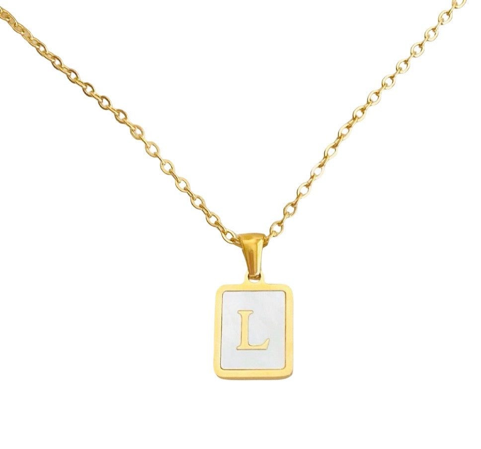 Personalized Gold over Stainless Steel Rectangular Shell Initial Necklace