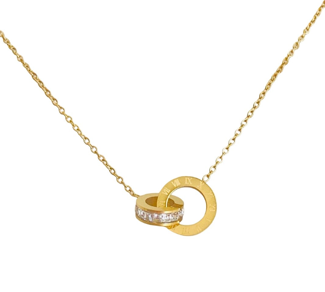 Interlocking Circle Necklace with CZ Accent • Stainless Steel & Gold over Stainless Steel