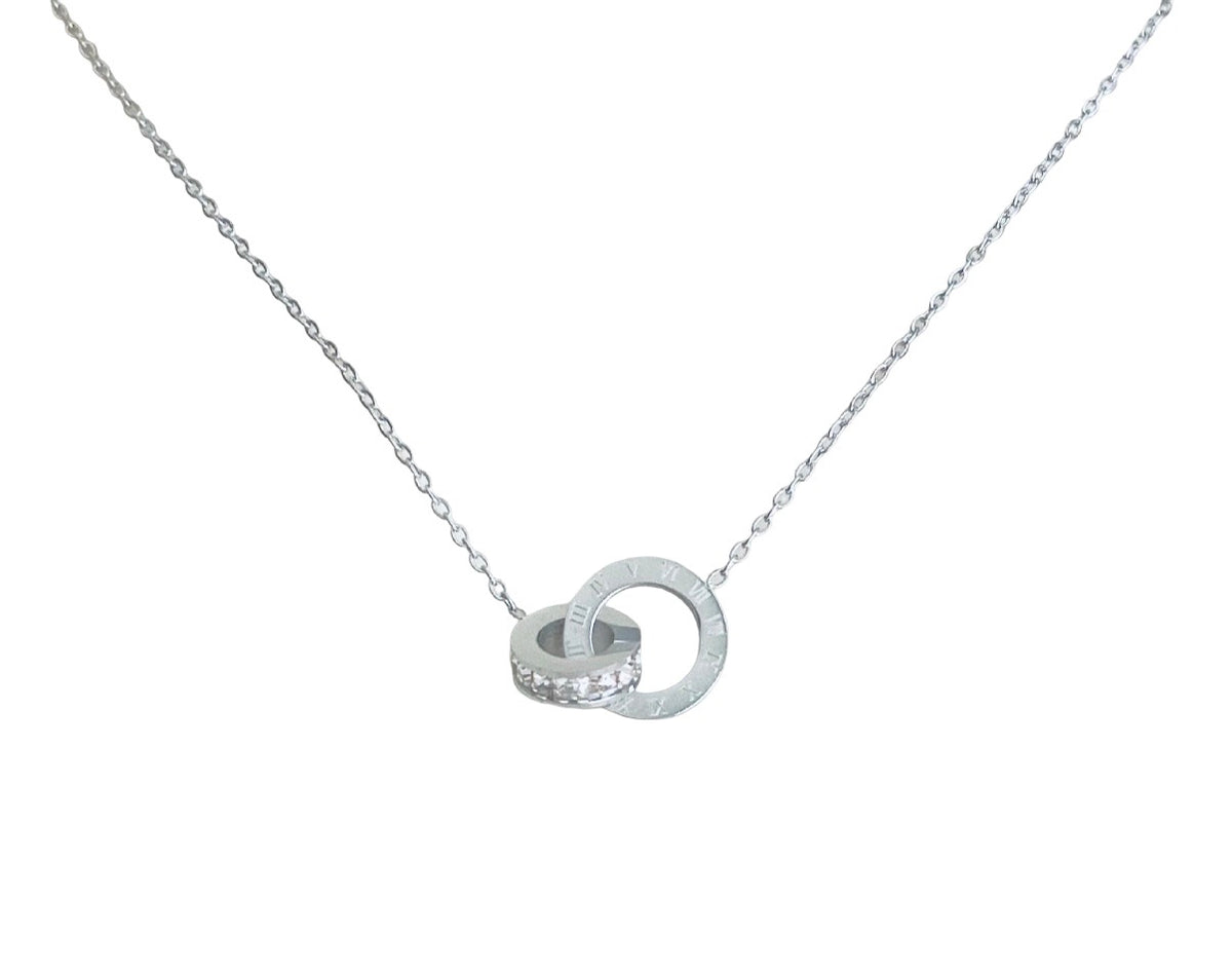 Interlocking Circle Necklace with CZ Accent • Stainless Steel & Gold over Stainless Steel