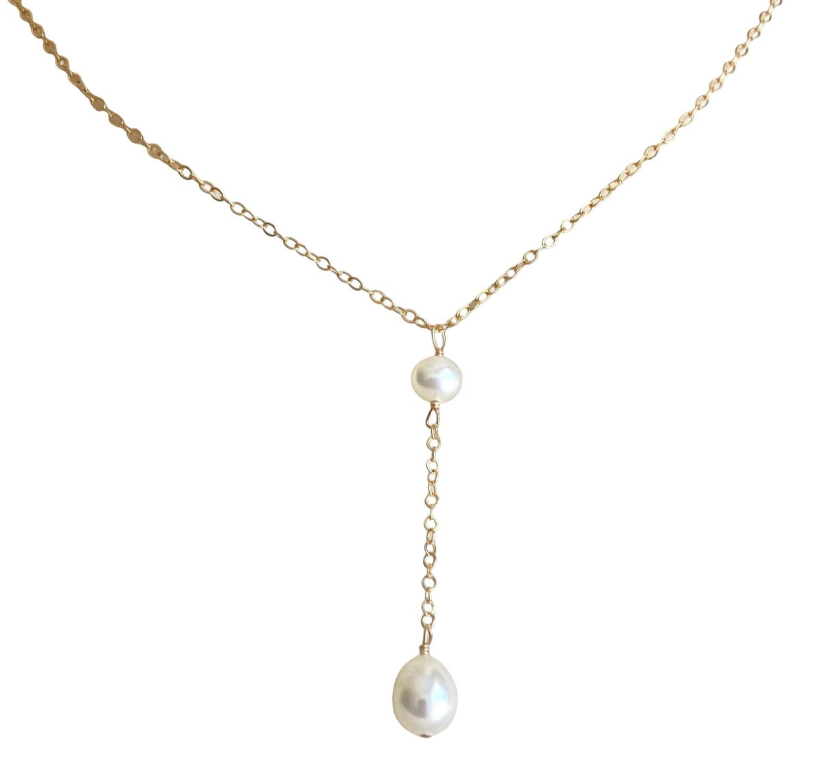 Dangle Y Pearl Pendant Necklace • Sterling Silver & Gold Filled