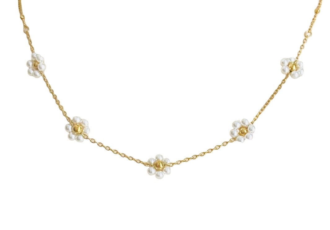 Gold Over Stainless Steel Glass Daisy Flower Necklace