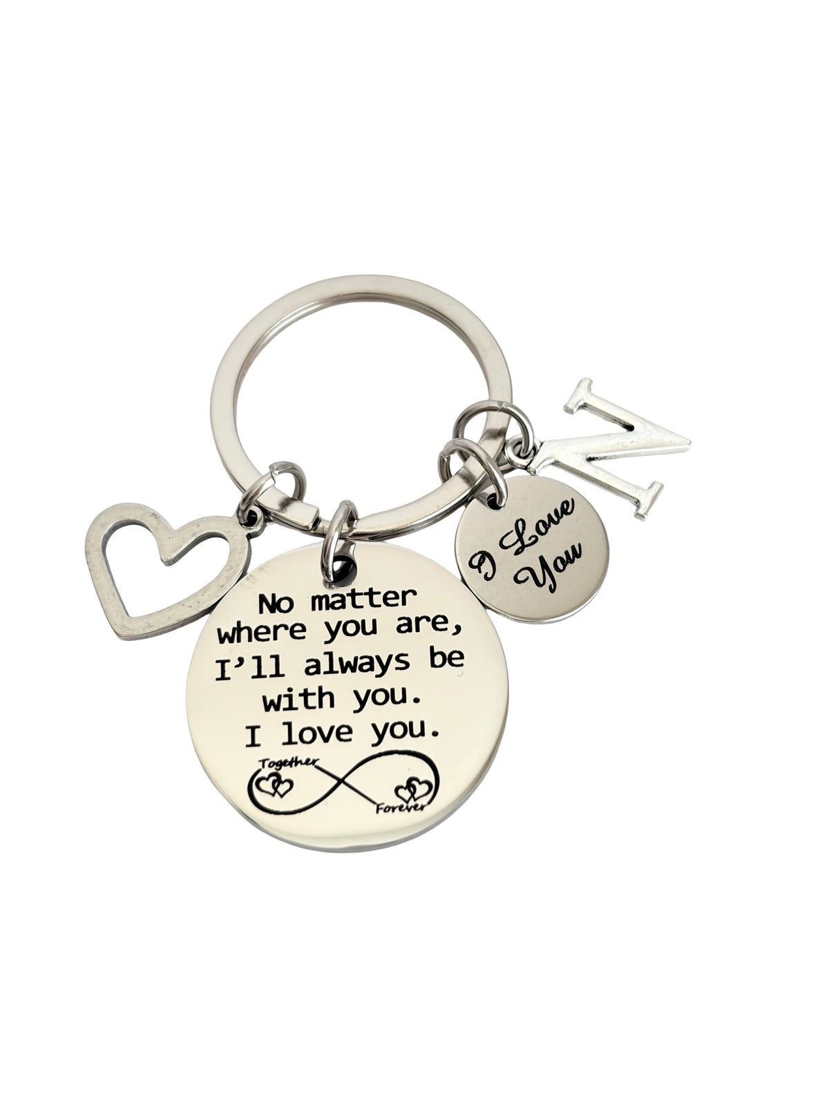 Keychain with motivational quote and heart design on a white background