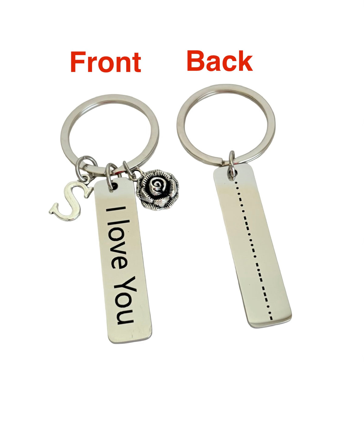 Two keychains showing 'I love You' on one and a series of dots on the other, with labels for front and back.