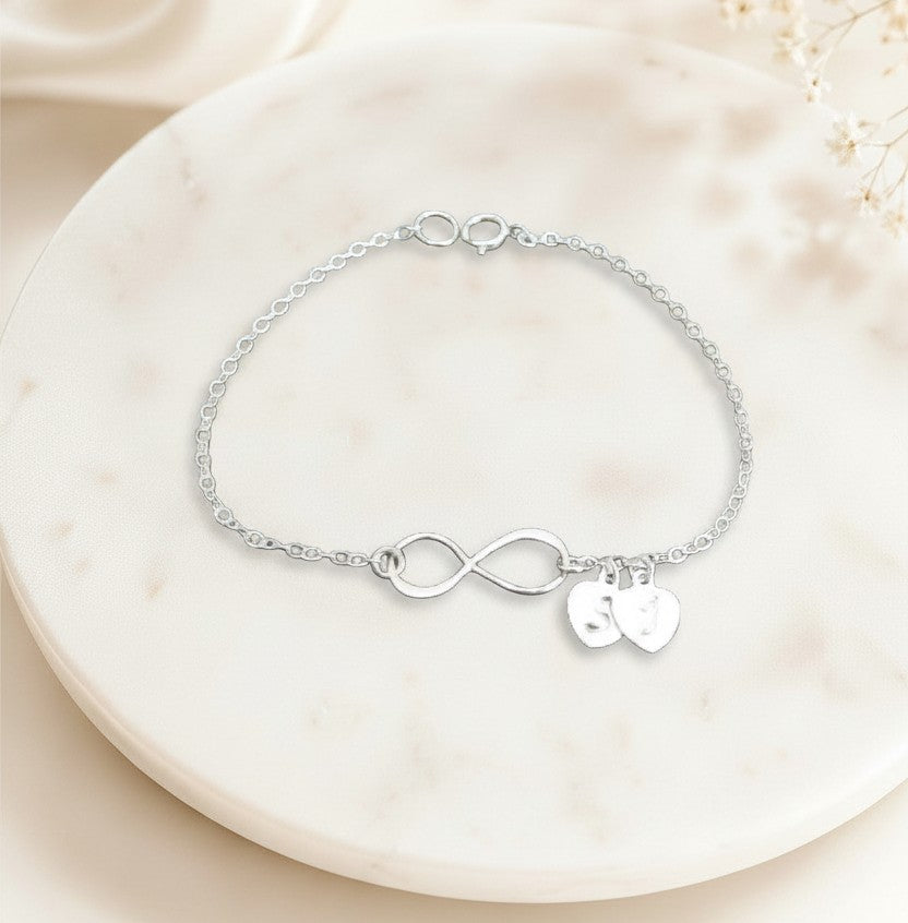 Personalized Sterling Silver Infinity Bracelet with Heart Charms