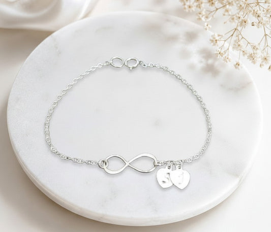 Personalized Sterling Silver Infinity Bracelet with Heart Charms