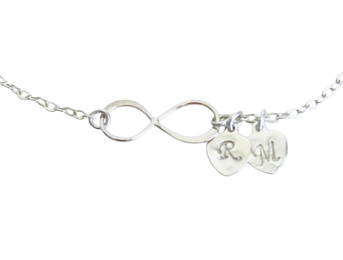 Personalized Sterling Silver Infinity Bracelet with Heart Charms