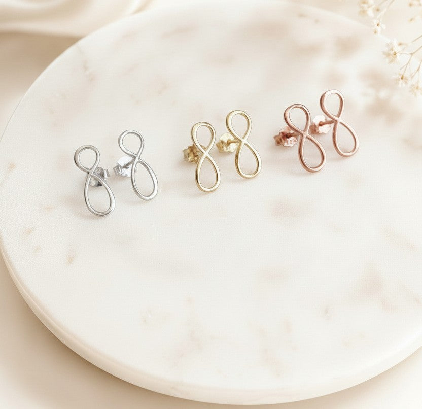 Infinity Studs • Sterling Silver, Gold over Silver, & Rose Gold over Silver