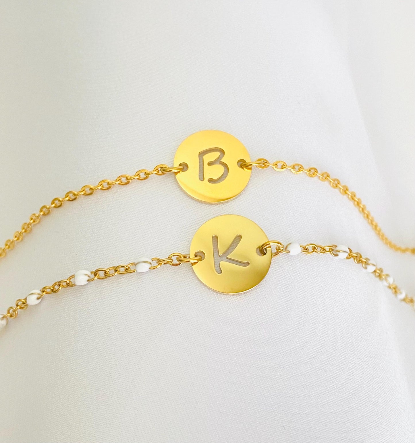 Initial Charm Bracelet • Personalized Letter Bracelet with Flat Cable Chain or White Enamel Beaded Chain