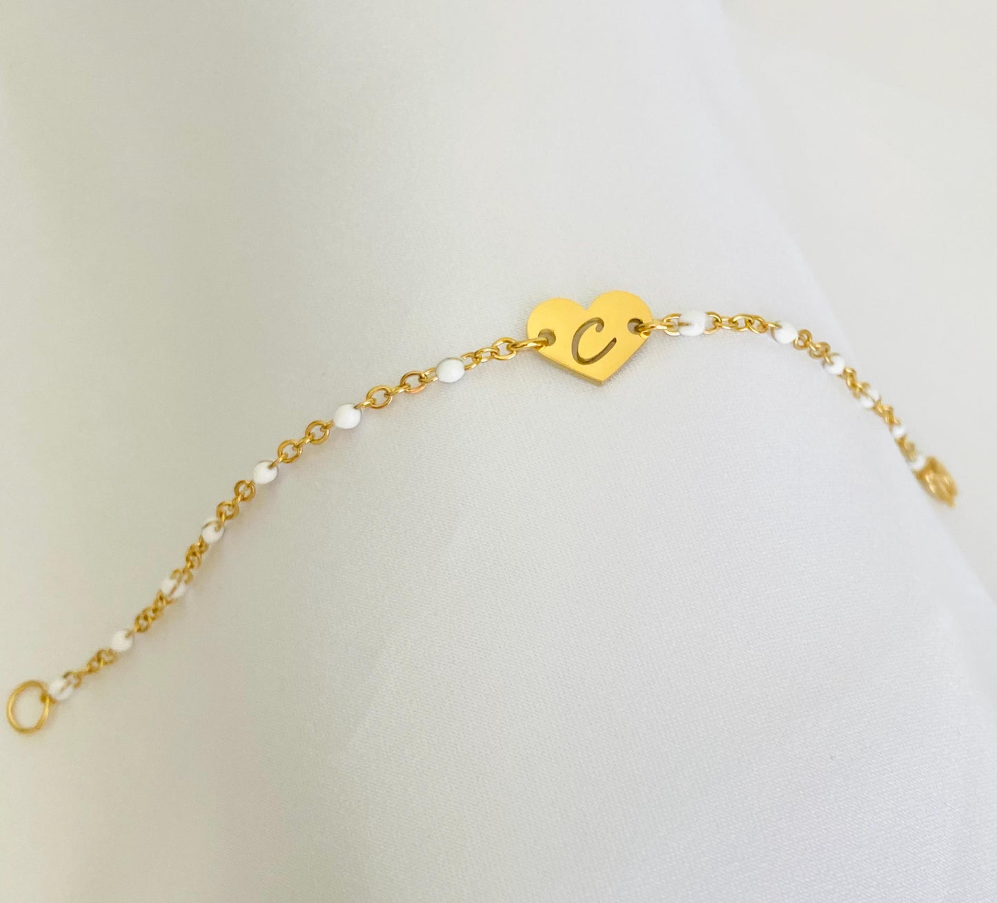 Gold Heart Initial Charm Bracelet • Personalized Letter Bracelet with Flat Cable Chain or White Enamel Beaded Chain