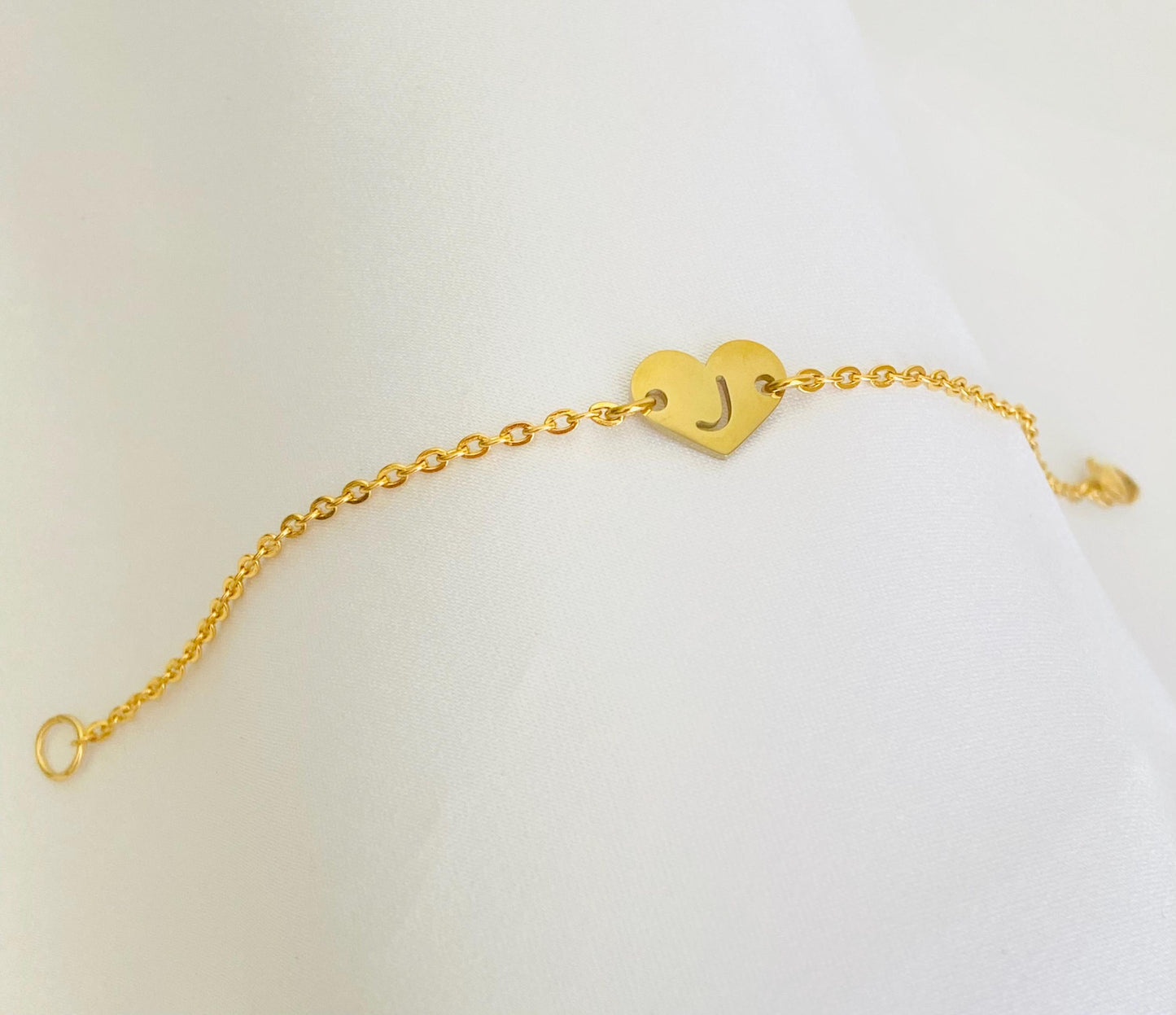 Gold Heart Initial Charm Bracelet • Personalized Letter Bracelet with Flat Cable Chain or White Enamel Beaded Chain
