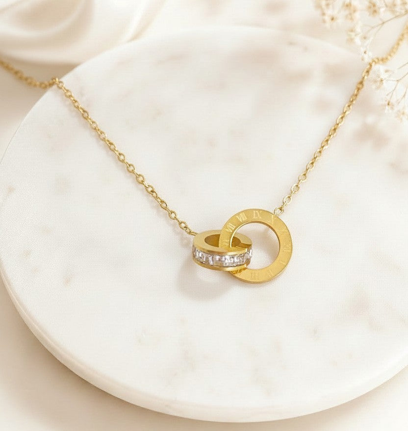 Interlocking Circle Necklace with CZ Accent • Stainless Steel & Gold over Stainless Steel