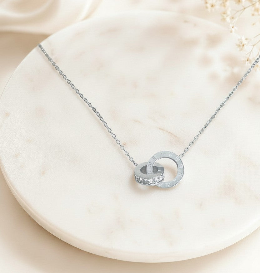 Interlocking Circle Necklace with CZ Accent • Stainless Steel & Gold over Stainless Steel