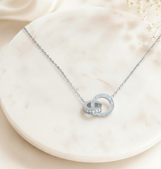 Interlocking Circle Necklace with CZ Accent • Stainless Steel & Gold over Stainless Steel