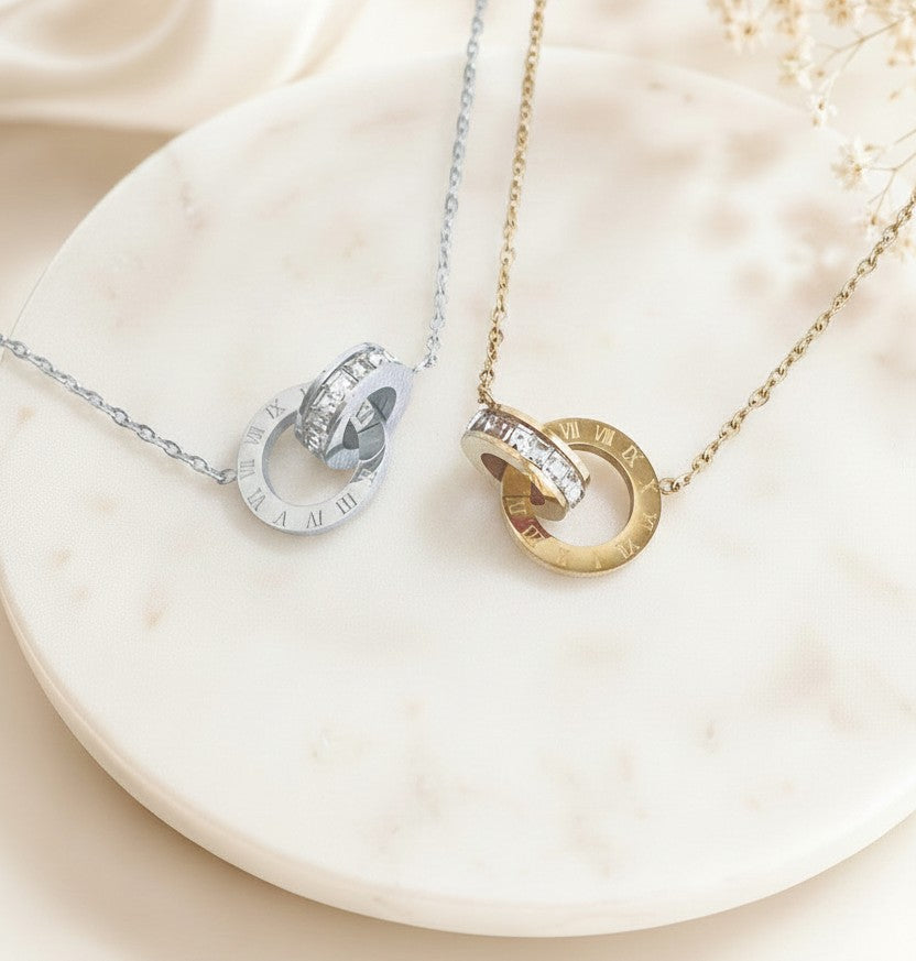 Interlocking Circle Necklace with CZ Accent • Stainless Steel & Gold over Stainless Steel