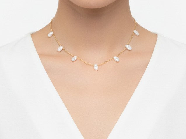 White Freshwater Keshi Pearl Necklace • Sterling Silver, Gold Filled & Rose Gold