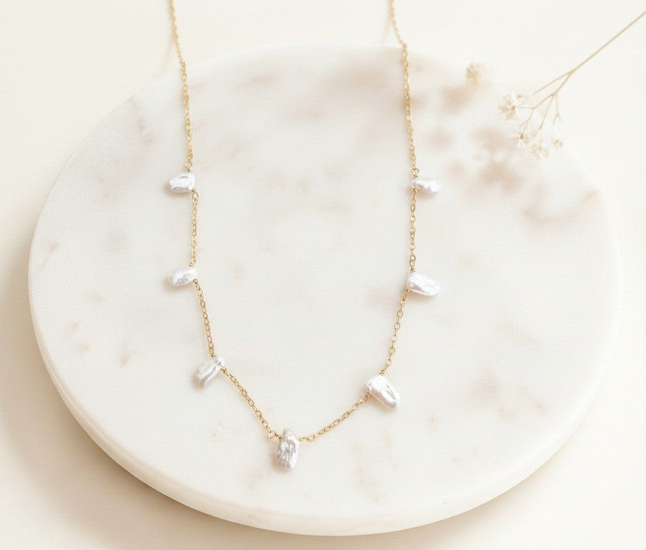 White Freshwater Keshi Pearl Necklace • Sterling Silver, Gold Filled & Rose Gold