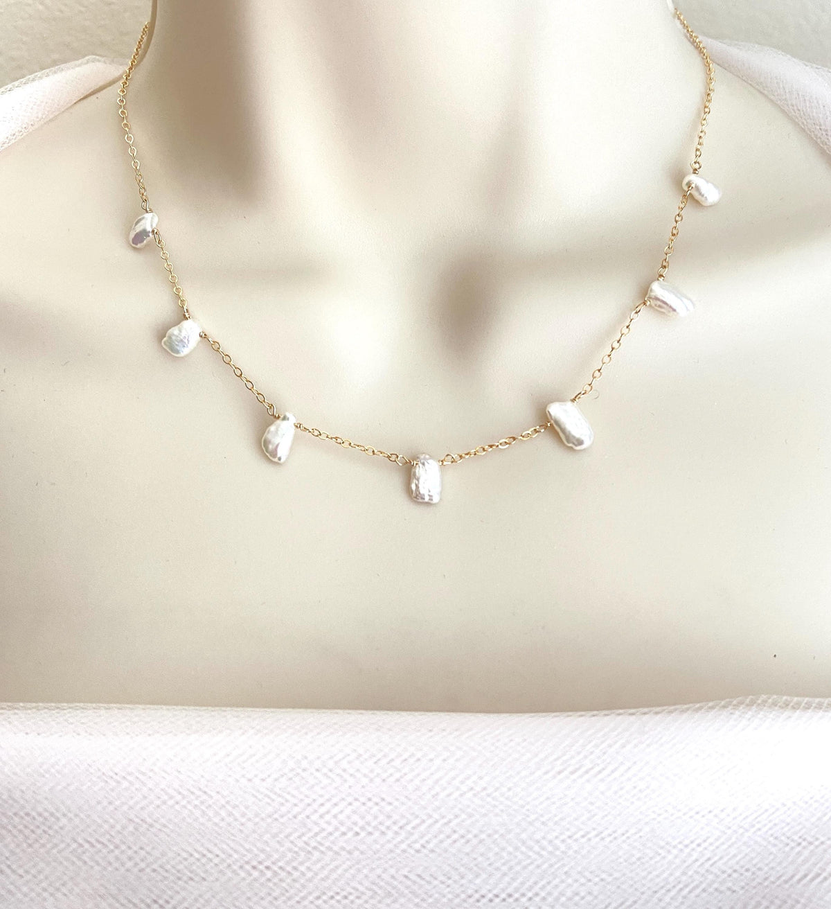 White Freshwater Keshi Pearl Necklace • Sterling Silver, Gold Filled & Rose Gold