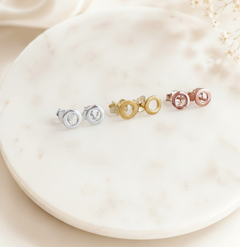 Tiny Kisses Stud Earrings • Sterling Silver, Gold over Silver & Rose Gold over Silver