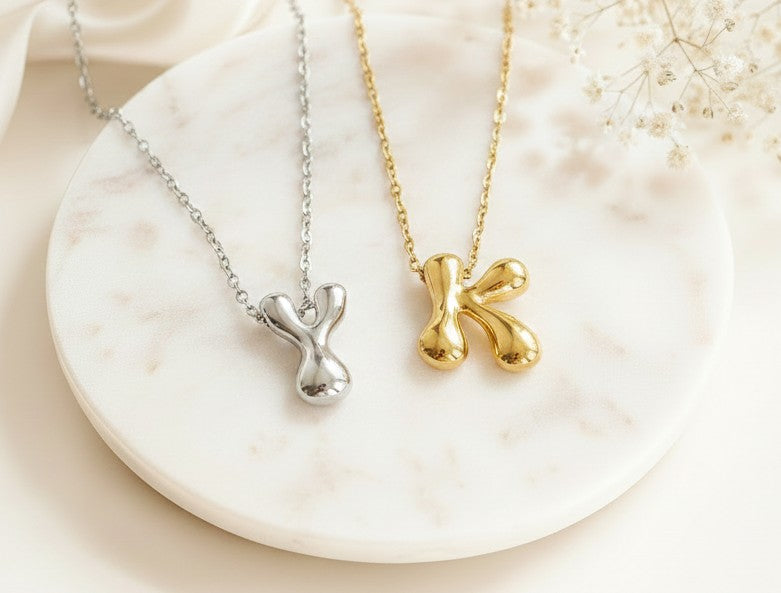 Large Bubble Initial Charm Necklace • Stainless Steel & Gold over Stainless Steel