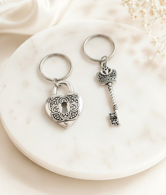 Base Metal Large Heart Lock and Key Charm Keychain Set